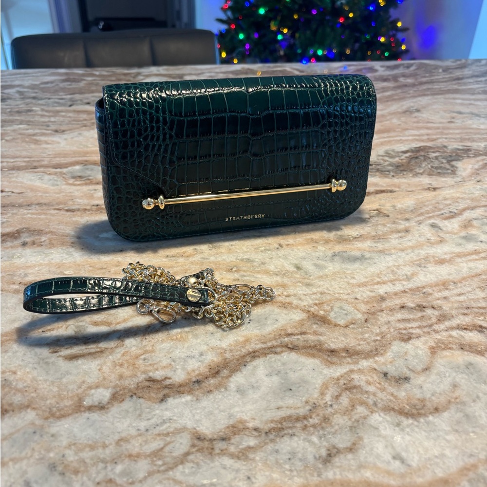Strathberry East/West Omni - Croc-Embossed Leather Bottle Green, NWOT